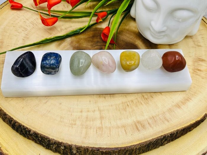 Chakra Tumbled Stones Set and Selenite Charger