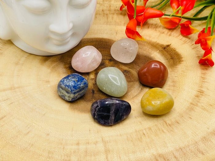 7 Chakra Tumbled Stones Set and Selenite Charger | Polished Stones | Chakra Healing Crystals | Chakra Healing Kit