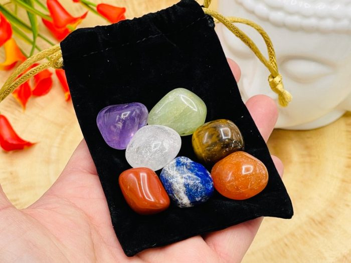 6" Selenite Crescent Moon Shape Charging Bowl With 7 Chakra Tumbled Stones | Velvet Pouch | Chakra Activator | Reiki | Charging Station