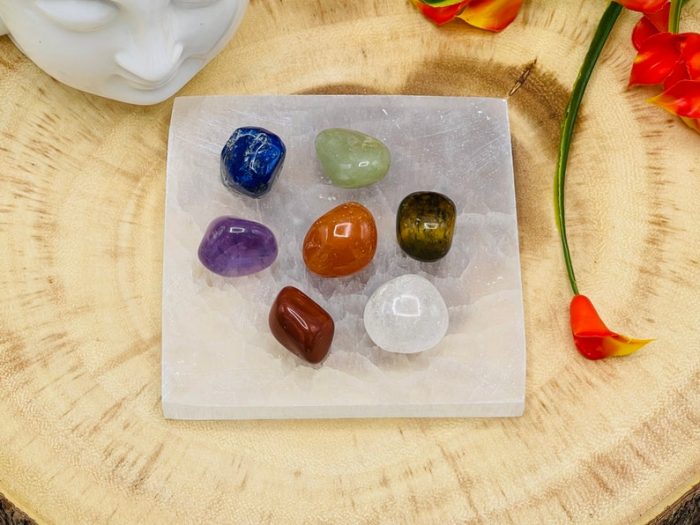 7 Chakra Tumbled Stone Set With Velvet Pouch and Selenite Square Charging Plate | Tumbled Crystals | Chakra Healing Crystal