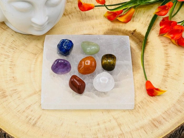 7 Chakra Tumbled Stone Set With Velvet Pouch and Selenite Square Charging Plate | Tumbled Crystals | Chakra Healing Crystal