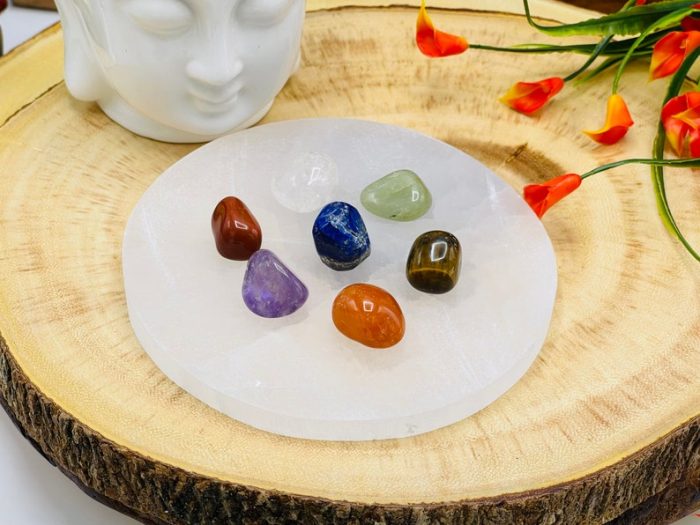 7 Chakra Tumbled Stones Set with Velvet Pouch and 5" Selenite Round Charging Plate | Selenite Charging Bar | Chakra Healing Crystals | Reiki