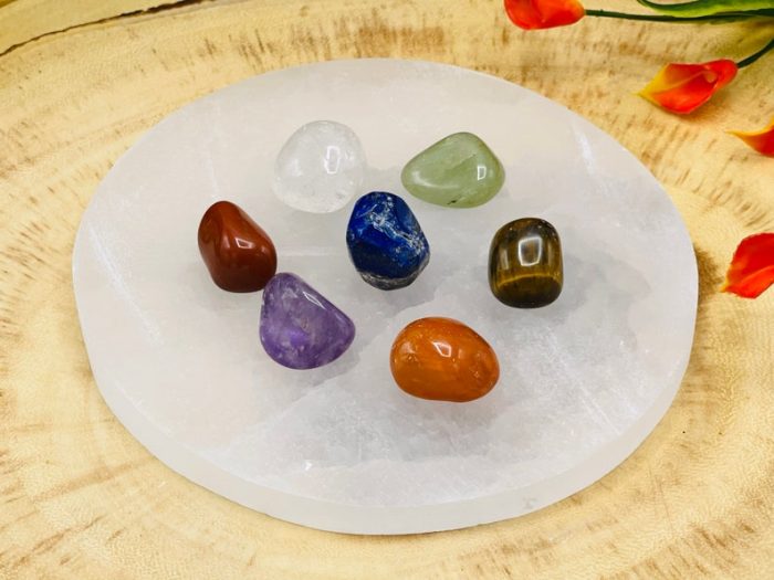 7 Chakra Tumbled Stones Set with Velvet Pouch and 5" Selenite Round Charging Plate | Selenite Charging Bar | Chakra Healing Crystals | Reiki