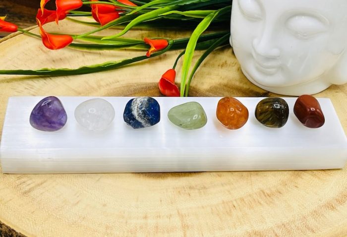 7 Chakra Tumbled Stones Set with Velvet Pouch | Selenite Charger | Tumbled Crystals | Chakra Healing Crystals | Healing | Reiki