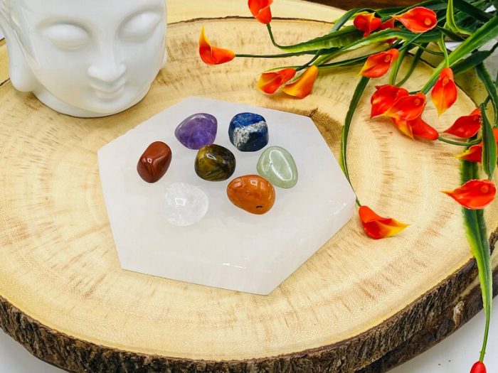 Selenite Hexagon Charging Station with Chakra Tumbled Stones & Velvet pouch | Chakra Tumbled Rocks | Chakra Activator | Metaphysical | 4"