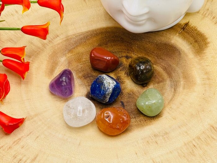 Orange Selenite Hexagon Charging Station With Chakra Tumbled Stones & Velvet Pouch | Hexagon Plate | Chakra Activator | Metaphysical