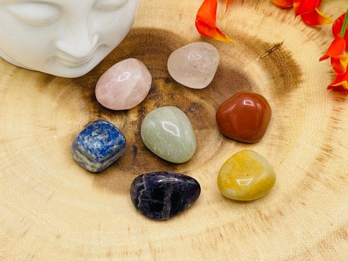 7 Chakra Tumbled Stones Set and Selenite Charger | Tumbled Crystals | Chakra Healing Tumbled Rocks with Selenite | Chakra Tumbled Gemstones