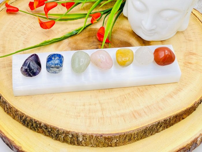 7 Chakra Tumbled Stones Set and Selenite Charger | Tumbled Crystals | Chakra Healing Tumbled Rocks with Selenite | Chakra Tumbled Gemstones