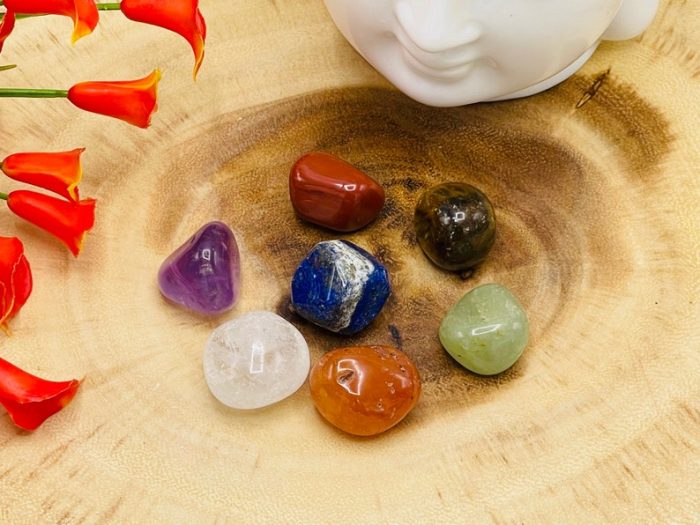 6" Selenite Crescent Moon Shape Charging Bowl With 7 Chakra Tumbled Stones | Velvet Pouch | Chakra Activator | Reiki | Charging Station