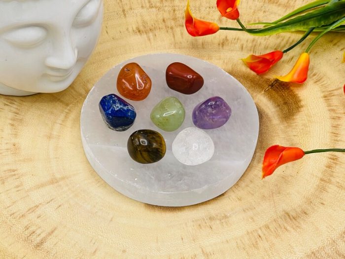 7 Chakra Tumbled Stones Set With Velvet Pouch and Selenite Round Charging Plate | Polished Stones | Chakra Healing Crystals