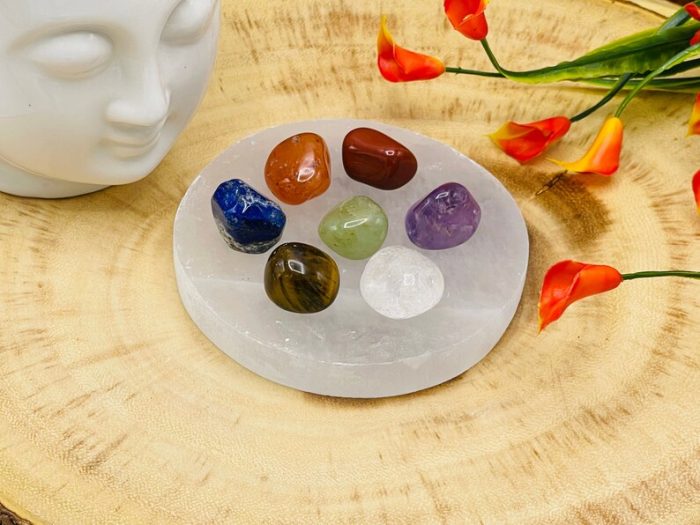 7 Chakra Tumbled Stones Set With Velvet Pouch and Selenite Round Charging Plate | Polished Stones | Chakra Healing Crystals