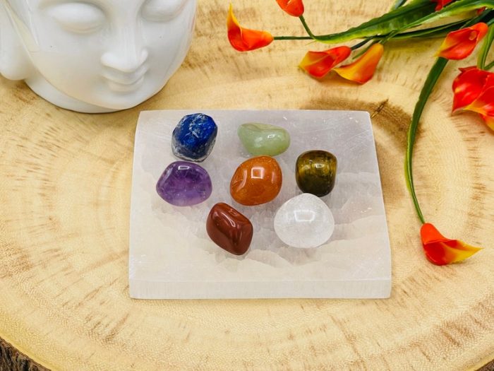 7 Chakra Tumbled Stone Set With Velvet Pouch and Selenite Square Charging Plate | Tumbled Crystals | Chakra Healing Crystal