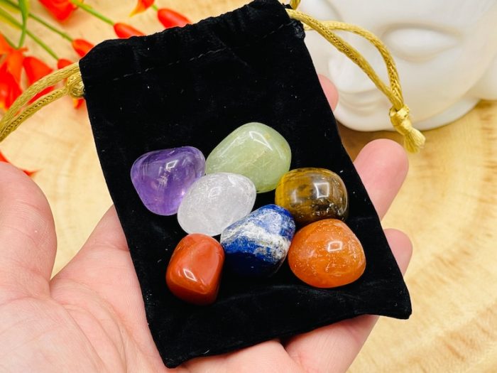 7 Chakra Tumbled Stones Set with Velvet Pouch | Selenite Charger | Tumbled Crystals | Chakra Healing Crystals | Healing | Reiki