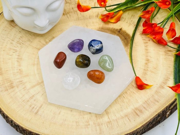 Selenite Hexagon Charging Station With Chakra Tumbled Stones | Hexagon Plate | Chakra Activator | Metaphysical