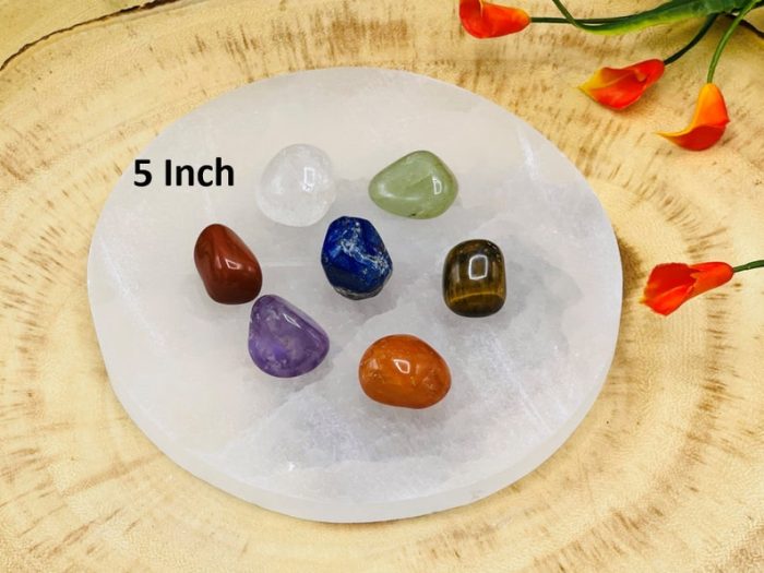 7 Chakra Tumbled Stones Set with Velvet Pouch and 5" Selenite Round Charging Plate | Selenite Charging Bar | Chakra Healing Crystals | Reiki