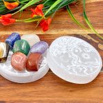 Selenite Charging Station Etched With Tree of Life Design & 7 Chakra Tumbled Stones | Round Charging Plate | Chakra Activator | Reiki