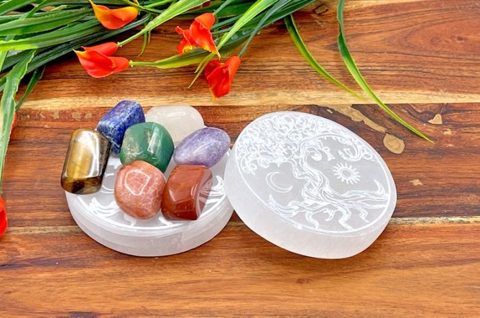 Selenite Charging Station Etched With Tree of Life Design & 7 Chakra Tumbled Stones | Round Charging Plate | Chakra Activator | Reiki