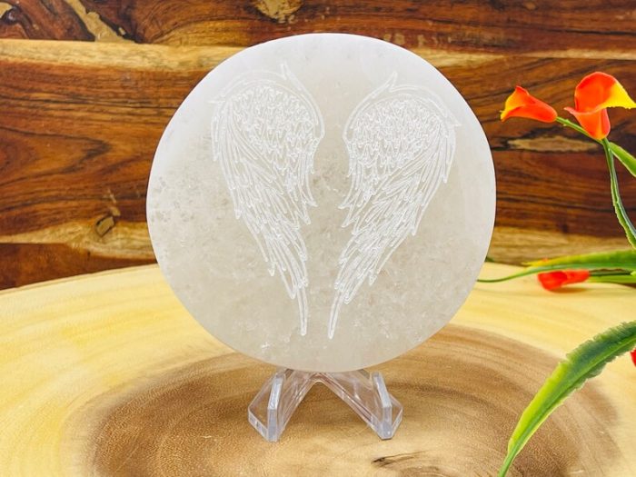 Selenite Charging Station Etched with Wings of Angel Design | Round Charging Plate | Chakra Activator | Powerful Healer | 4 inch (10 cm)