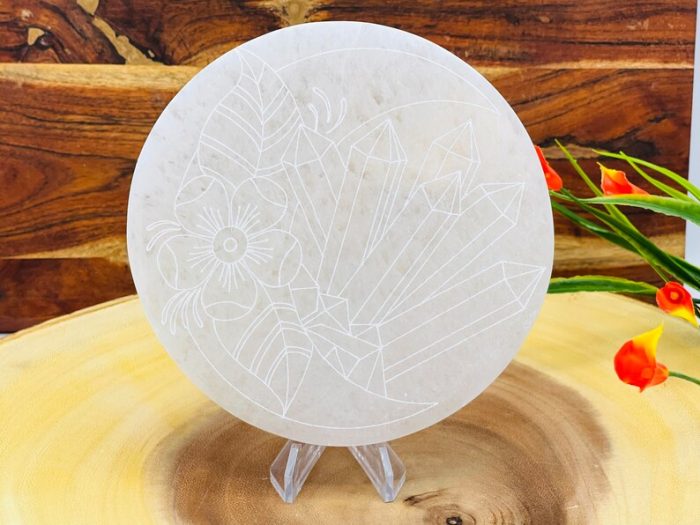 Selenite Charging Station | Round Charging Moon Etched Plate | Chakra Activator | Meditation | Powerful Healer | Crystal Plate | 6" (15 cm)