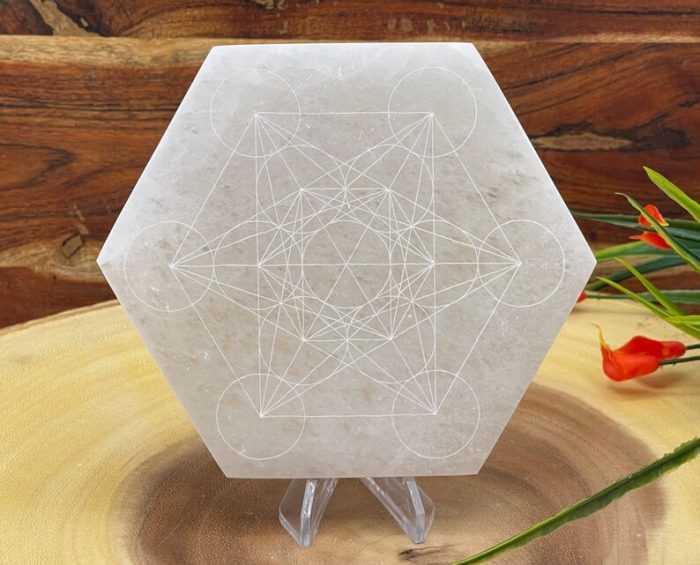 Metatron's Cube Etched Design Selenite Charging Station | Hexagon Charging Plate | Chakra Activator | Powerful Healer | 4 inch & 5 inch