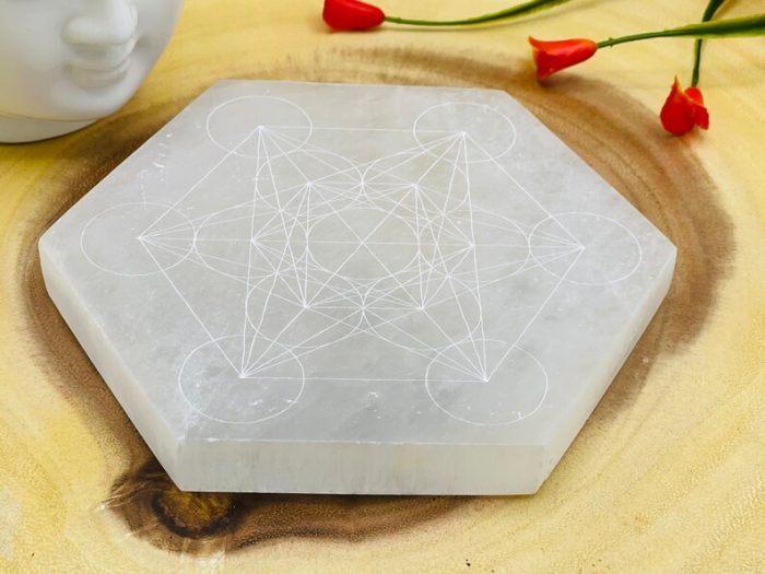 Metatron's Cube Etched Design Selenite Charging Station | Hexagon Charging Plate | Chakra Activator | Powerful Healer | 4 inch & 5 inch