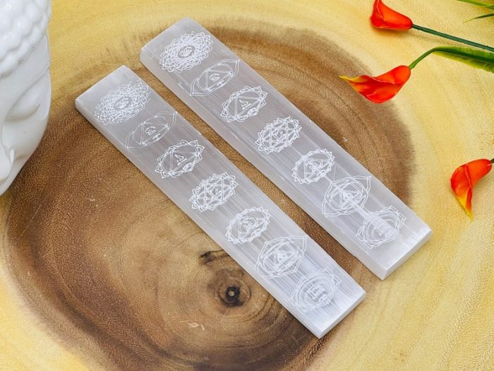 Selenite Charging Station Etched with 7 Chakra Signs | Flat Rectangular Plate | Chakra Activator | Spiritual Growth | Meditation | 6" & 8"