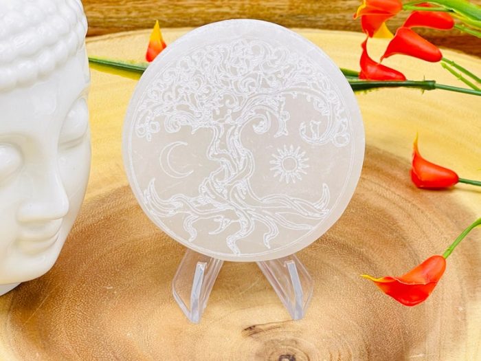 Selenite Charging Station Etched with Tree of Life Design | Round Charging Plate | Chakra Activator | Meditation | Powerful Healer | 3 inch