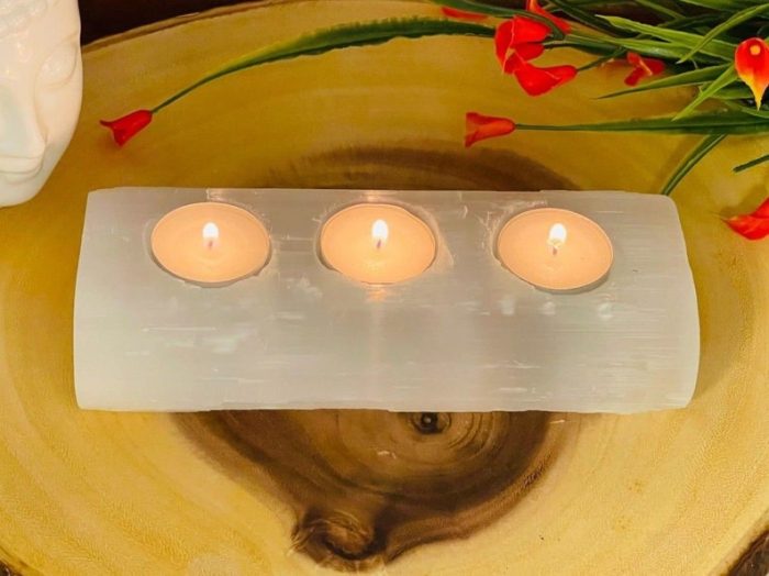 Selenite Crystal Candle Holder | Raw Selenite Tea Light | Home Decor | Soothing and Calming Effects | 3 Votive Candle | 7.5 inch Length