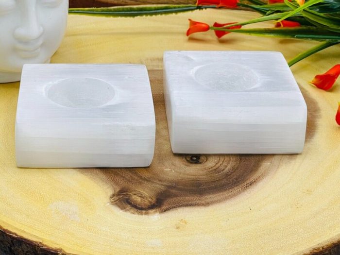 Selenite Tealight Candle Holder | Square Shape Candle Holder | Authentic and Hand Carved | Home Decor | Soothing & Calming Effects | 3 Inch