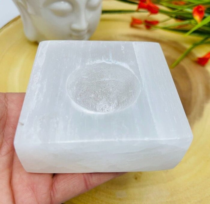 Selenite Tealight Candle Holder | Square Shape Candle Holder | Authentic and Hand Carved | Home Decor | Soothing & Calming Effects | 3 Inch