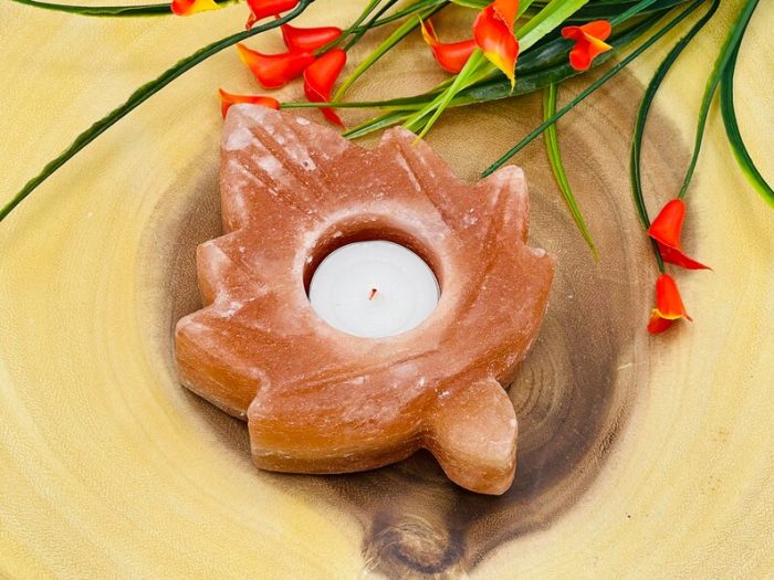 Himalayan Pink Salt Leaf Shape Tealight Candle Holder | Authentic | Beautiful Decor | Soothing & Calming Effects | 5" Width