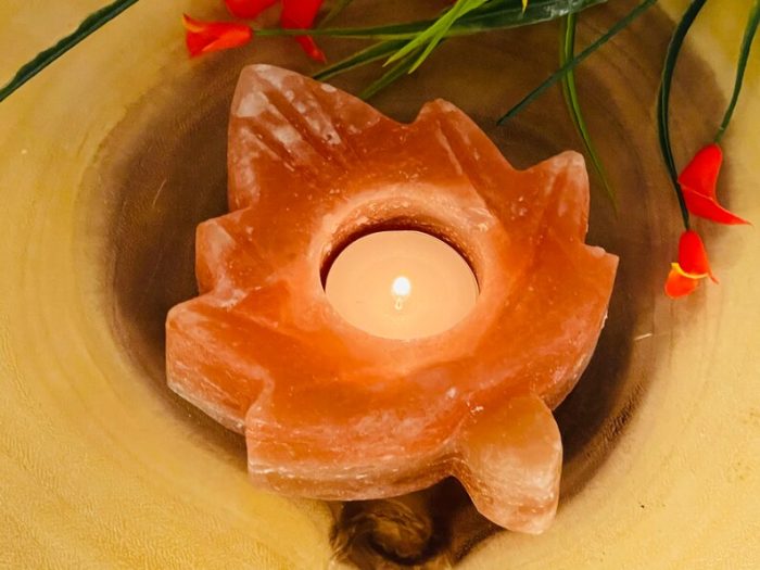 Himalayan Pink Salt Leaf Shape Tealight Candle Holder | Authentic | Beautiful Decor | Soothing & Calming Effects | 5" Width