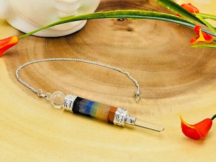 7 Chakra Bonded Pencil Pendulum with Silver Plated Chain | Polish Stone | Chakra Point Pendulum | Healing Dowsing Energy Balancing | Faceted