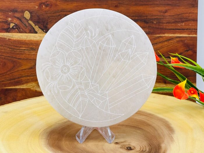 Selenite Charging Station | Round Charging Moon Etched Plate | Chakra Activator | Meditation | Powerful Healer | Crystal Plate | 6" (15 cm)