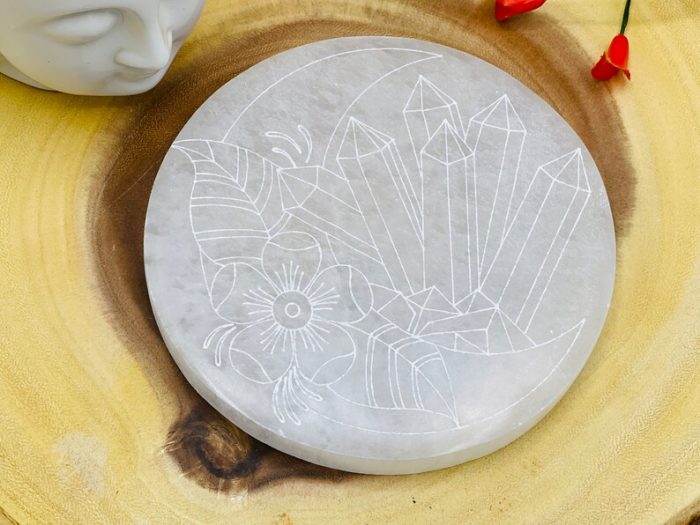 Selenite Charging Station | Round Charging Moon Etched Plate | Chakra Activator | Meditation | Powerful Healer | Crystal Plate | 6" (15 cm)