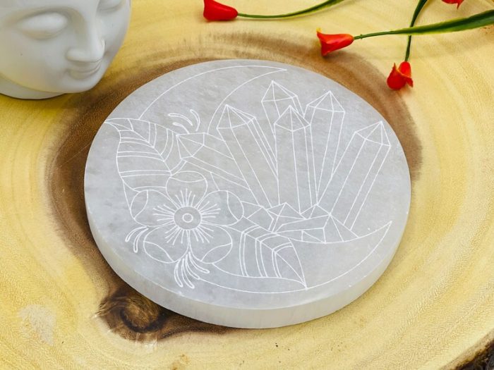 Selenite Charging Station | Round Charging Moon Etched Plate | Chakra Activator | Meditation | Powerful Healer | Crystal Plate | 6" (15 cm)