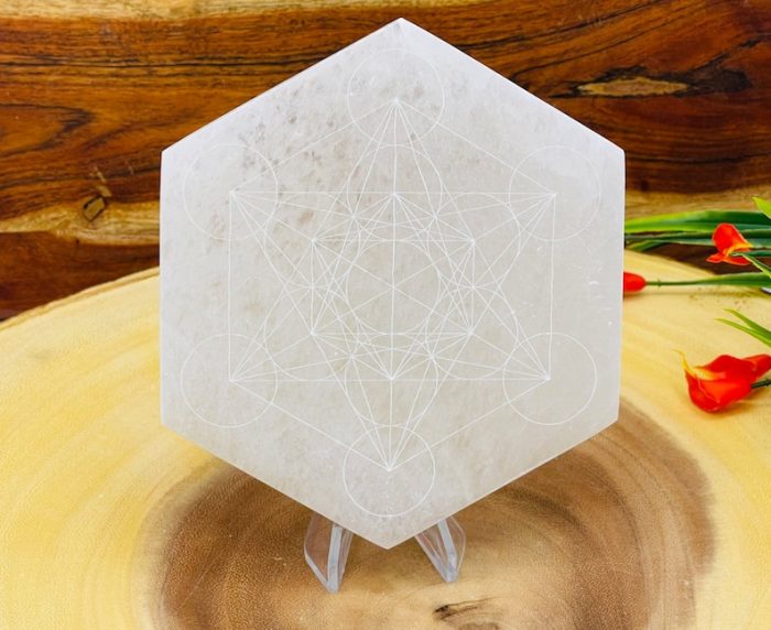 Metatron's Cube Etched Design Selenite Charging Station | Hexagon Charging Plate | Chakra Activator | Powerful Healer | 4 inch & 5 inch