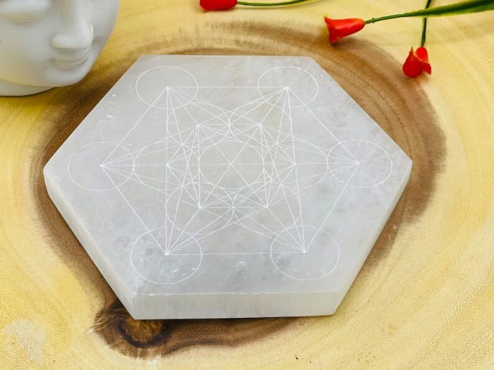 Metatron's Cube Etched Design Selenite Charging Station | Hexagon Charging Plate | Chakra Activator | Powerful Healer | 4 inch & 5 inch