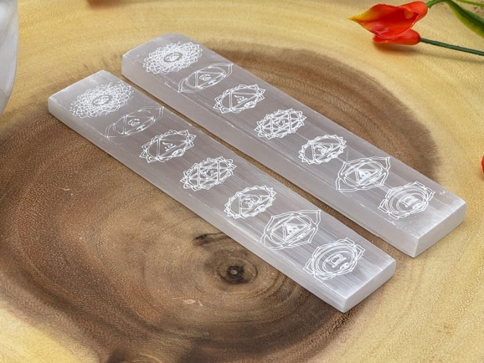 Selenite Charging Station Etched with 7 Chakra Signs | Flat Rectangular Plate | Chakra Activator | Spiritual Growth | Meditation | 6" & 8"