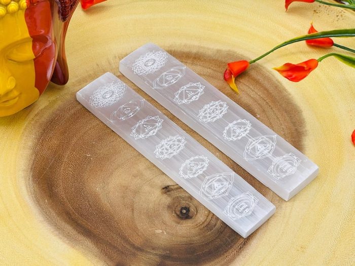 Selenite Charging Station Etched with 7 Chakra Signs | Flat Rectangular Plate | Chakra Activator | Spiritual Growth | Meditation | 6" & 8"