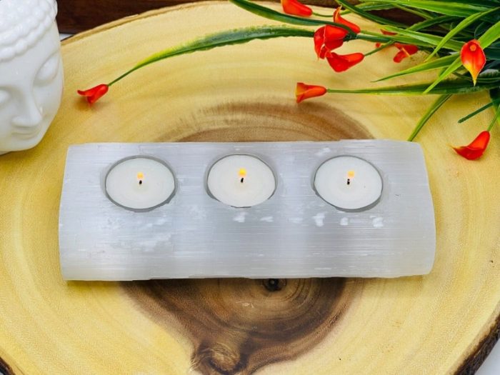 Selenite Crystal Candle Holder | Raw Selenite Tea Light | Home Decor | Soothing and Calming Effects | 3 Votive Candle | 7.5 inch Length