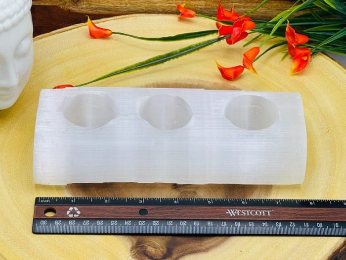 Selenite Crystal Candle Holder | Raw Selenite Tea Light | Home Decor | Soothing and Calming Effects | 3 Votive Candle | 7.5 inch Length