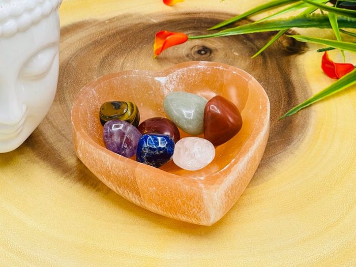 Orange Selenite Heart Shape Charging Bowl with 7 Chakra Tumbled Stone & Velvet Pouch, Chakra Activator, Crystal Cleansing Bowl, Reiki, 10 cm