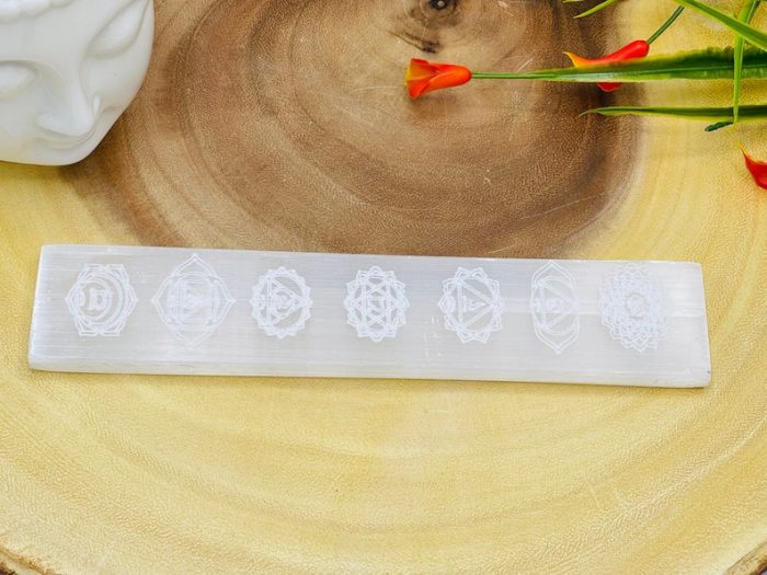 Selenite Charging Station Etched with 7 Chakra Signs | Flat Rectangular Plate | Chakra Activator | Spiritual Growth | Meditation | 6" & 8"