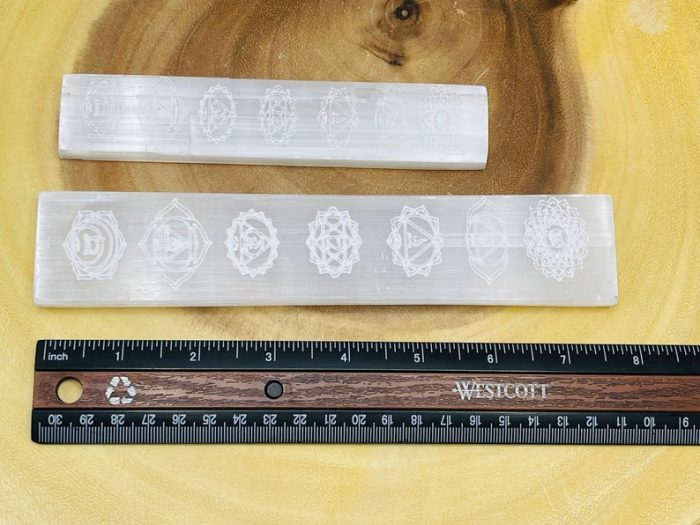 Selenite Charging Station Etched with 7 Chakra Signs | Flat Rectangular Plate | Chakra Activator | Spiritual Growth | Meditation | 6" & 8"