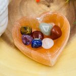 Orange Selenite Heart Shape Charging Bowl with 7 Chakra Tumbled Stone & Velvet Pouch, Chakra Activator, Crystal Cleansing Bowl, Reiki, 10 cm