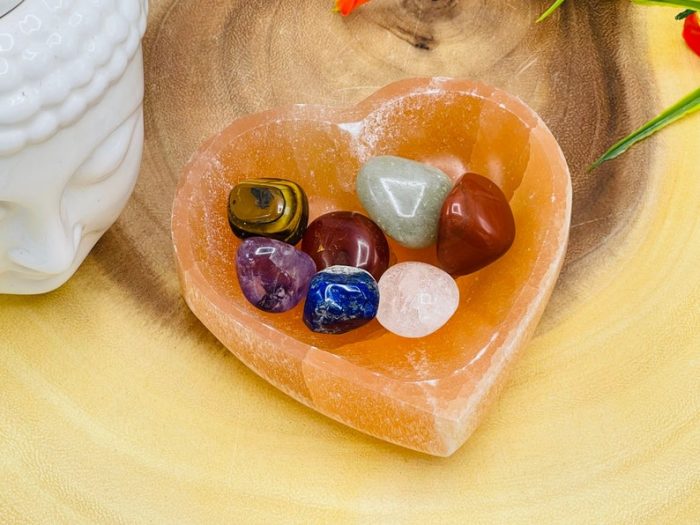 Orange Selenite Heart Shape Charging Bowl with 7 Chakra Tumbled Stone & Velvet Pouch, Chakra Activator, Crystal Cleansing Bowl, Reiki, 10 cm