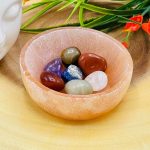 Orange Selenite Bowl with 7 Chakra Stones & Pouch | Selenite Charging Station | Chakra Activator | Crystal Cleansing | Reiki | 4" (10 cm)
