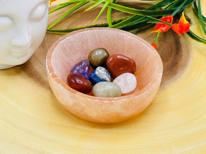 Orange Selenite Bowl with 7 Chakra Stones & Pouch | Selenite Charging Station | Chakra Activator | Crystal Cleansing | Reiki | 4" (10 cm)