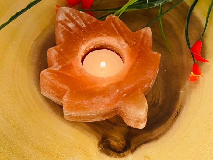 Himalayan Pink Salt Leaf Shape Tealight Candle Holder | Authentic | Beautiful Decor | Soothing & Calming Effects | 5" Width